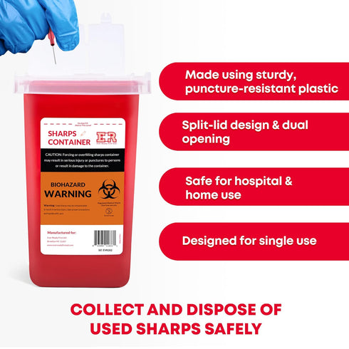 Ever Ready First Aid Sharps Container with Split Lid Design and Locking Mechanism for Sharp Waste Disposal, 1 Quart...