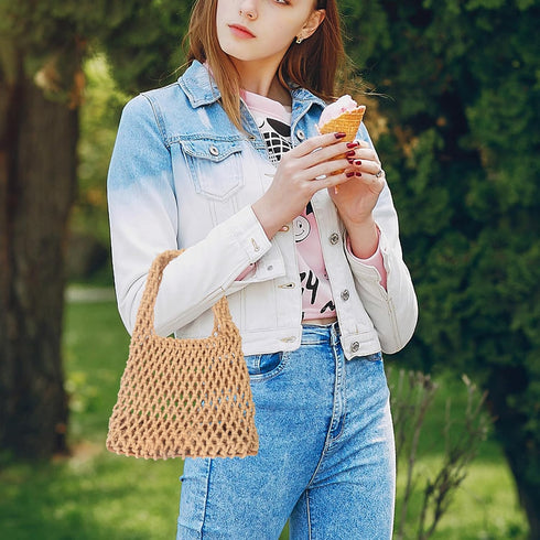 1 Piece Small Delicate Women Straw Shoulder Bag Handmade Woven Beach Shoulder Bags Hobo Tote Handbag Purse for Ladies Summer Party Shopping...