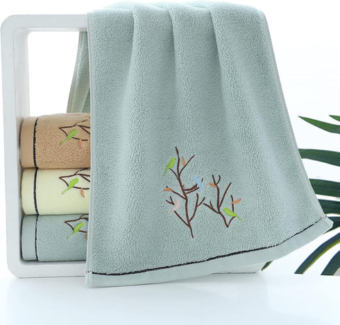 Pidada Hand Towels Set of 2 Embroidered Bird Tree Pattern 100% Cotton Absorbent Soft Decorative Towel for Bathroom (Aqua Green)...