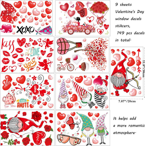 149Pcs Valentine's Day Window Clings Decorations Heart Decal Party Ornaments Supplies 9 Sheets Removable Vinyl Window Sticker Decals for Home, Val...
