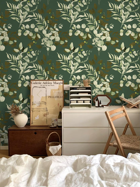 HAOKHOME 93042-4 Peel and Stick Wallpaper Boho Sage Green Eucalyptus Leaf Floral Wall Mural Home Nursery Decor Renter Friendly Wallpaper 17.7in x ...