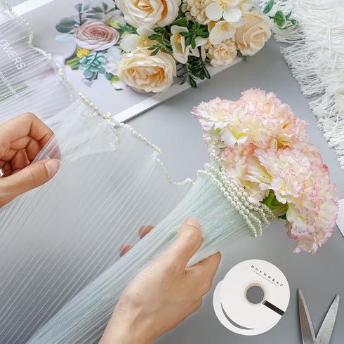 2Pack Bouquet Wrapping Paper with Pearl Florist, Pearl Edge Flower Wrapping Mesh Paper with 10 Yards Satin Ribbon for Florist Supplies Mother's Da...