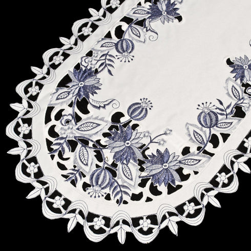 Embroidered Delft Blue Onion Flower Table Runner, Dresser Scarf Doily (14Wx27L)...