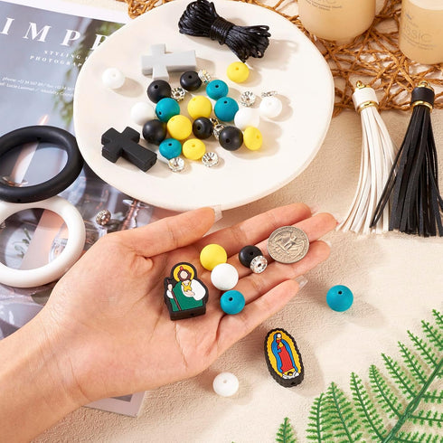 Religious Silicone Focal Beads Jesus Cross Round Abacus Soft Loose Beads Car Hanging Ornament for DIY Crafts Lanyard Keychain Accessory Making Sup...