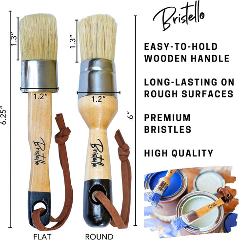 Chalk & Wax Paint Brush Set. 1x Flat Furniture Paint Brush and 1x Round Chalk Brushes for Furniture. 1” Small Paint Brush Duo – Stencil Brush, Mil...