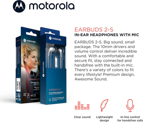 Motorola Wired Earbuds with Microphone - Earbuds 2-S Corded in-Ear Headphones, Control Button for Calls/Music, Comfortable Lightweight Silicone Ea...
