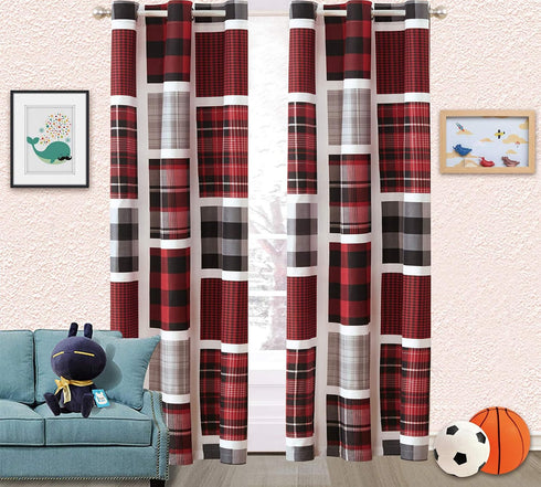 Sapphire Home Kids Boys Teens 2 Window Curtain Panels 84" Long, Plaid Stripes Checked Print Design Black Red Gray Curtains for Teens Boys Girls, K...