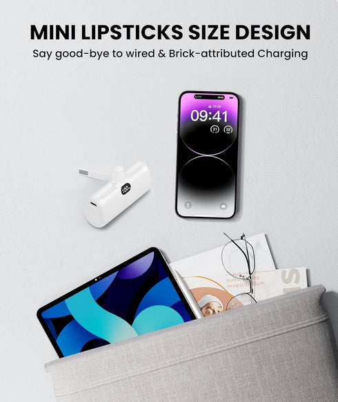 White Small Battery Charger for iPhone, Mini Portable Charger with Builtin Metal Stand, 5000mAh Ultra-Compact Power Bank?100%-0%? Digital Display ...