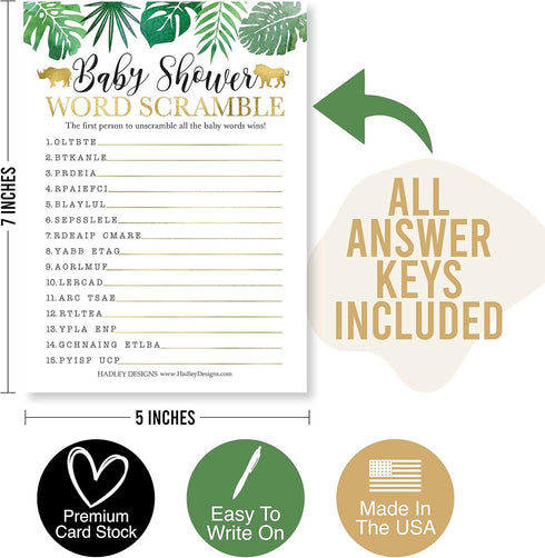 Hadley Designs Hilarious Baby Shower Games Set – 25 Double-Sided Cards for 25 Guests, 2 Games, Word Scramble Baby Shower Game, True or False, Gend...