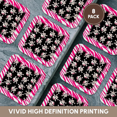 3dRose cst_61793_2 Cute Black Skulls with Bows on Pink Zebra-Soft Coasters, Set of 8...