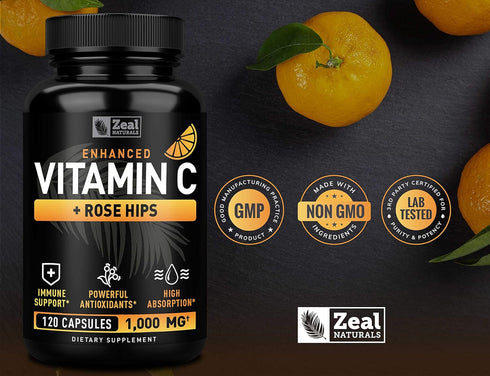 Vitamin C 1000mg with Rosehips (120 Capsules | 1000mg) Pure Vitamin C Capsules - Ascorbic Acid + Rose Hips for Powerful Immune System Support - Hi...