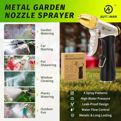 AUTOMAN Garden Nozzle Sprayer, High Pressure Spray Nozzle, 100% Metal Water Hose Nozzle, Adjustable Watering Nozzle, Heavy Duty Sprayer Garden Noz...