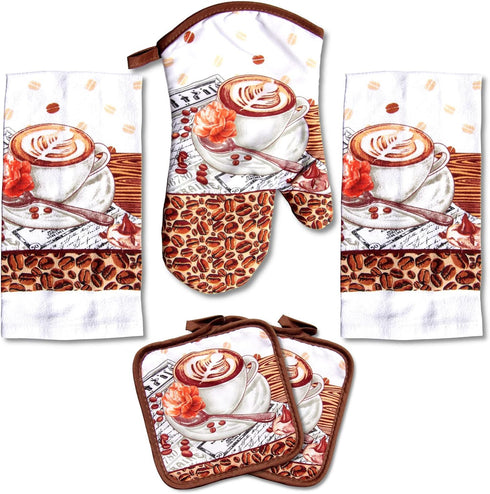 Lobyn Value Packs: 5-Piece Café Latte Kitchen Towel Set – Quilted Oven Mitt & 2 Potholders, Perfect for Coffee Lovers...