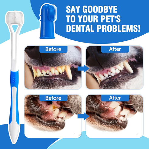Dog Toothbrush Set - 3-Sided Dog Toothbrush Set for Dogs, Cats and Puppies - Soft Silicone Bristles for Easy Cleaning and Safety...