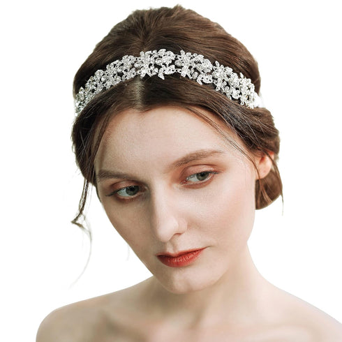BABEYOND Bridal Headpiece Handmade Wedding Hair Vine Bead Crystal Floral Leaf Headband with Lace Band...
