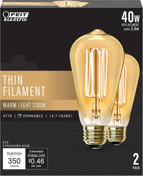 Feit Electric ST19 Vintage Edison LED Light Bulb, 40W Equivalent, Dimmable, 2100 Warm Light, E26 Base, Amber Glass Thin Filament Lighting Bulbs, 1...