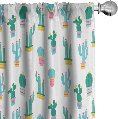 Ambesonne Cactus Window Curtains, Continuous Pattern with Cartoon Prickle Plants in Pots, Lightweight Decor 2-Panel Set with Rod Pocket, Pair of -...