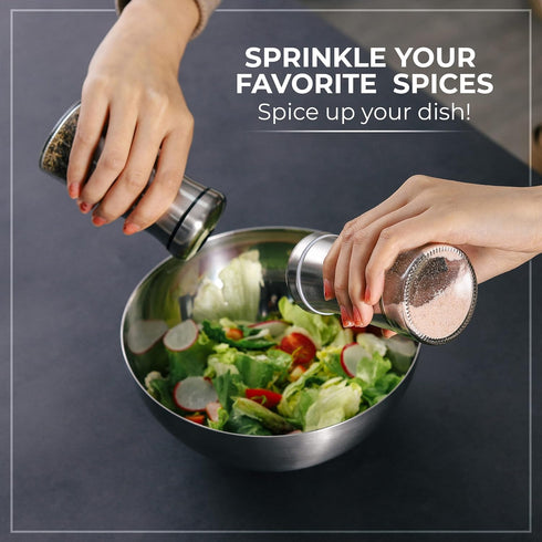 Salt and Pepper Shakers set with Adjustable Pour Holes - Elegant Stainless Steel Spice Dispenser - Perfect for Himalayan, Table Salt, White and Bl...