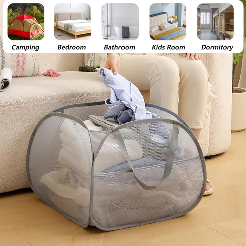 Collapsible laundry baskets - Mesh Pop Up Laundry Basket, Space-Saver with Side Pocket - Portable & Versatile Bathroom and Home Organizer for Laun...