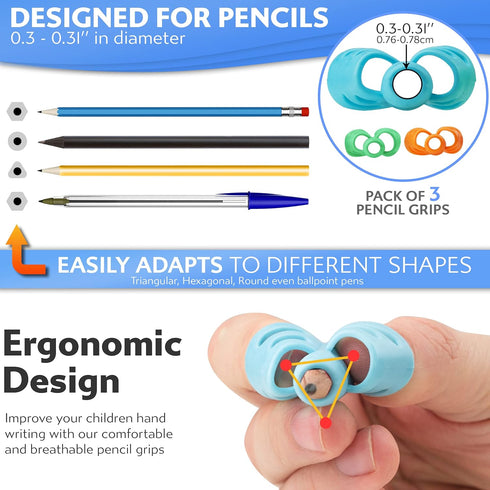 Stylo Pack of 3 Pencil Grips for Kids Handwriting Perfect Pencil Holders for Kids Home Schooling and Preschool Writing Tools for Kids Assorted Pen...