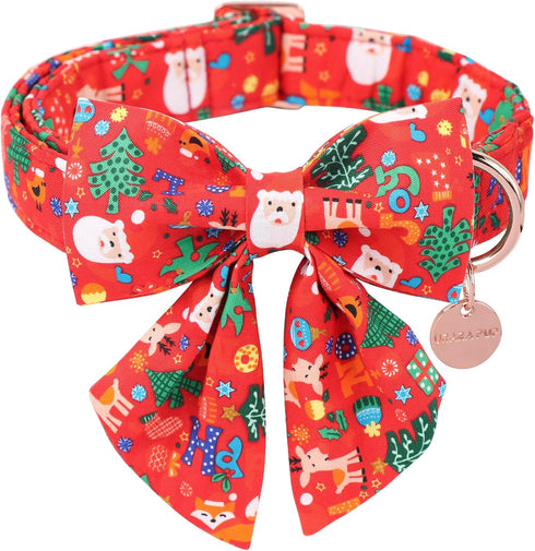 Christmas Dog Collar with Bow Tie, Christmas Collar for Puppy Girl Boy Dog or Cat, Bowtie Dog Collar with Durable Metal Buckle, Cute Pet Collar,XL...