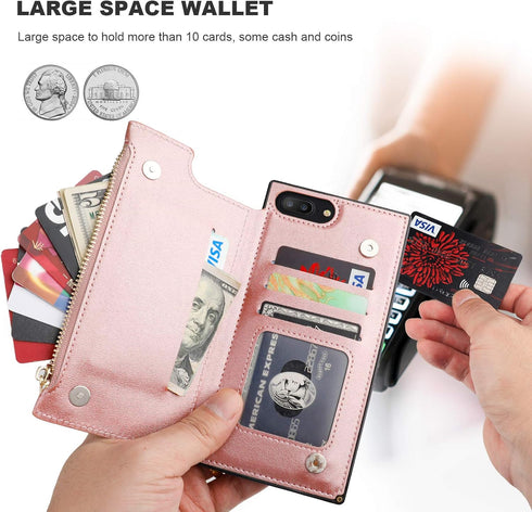 Bocasal Wallet Case for iPhone 7 Plus/8 Plus with 3 Card Slots Cash Holder Zipper Design Premium PU Leather Sturdy Magnetic Closure 5.5 Inch(Rose ...