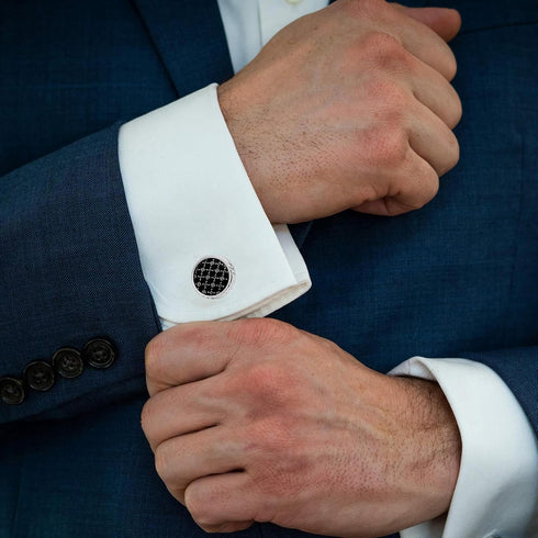 Round Black Cufflinks with Floral Patterns for Men Lady In Gift Case Classic Silver Tone Men's Cufflinks Jewelry Set for Wedding Anniversary Busin...