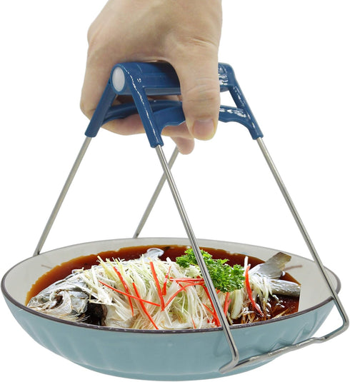 Hot Plate Gripper,Stainless Steel Bowl Clip,Kitchen Tongs Bowl Dish Pan Clip Anti-scalding 3-Pack (Navy-Blue)...