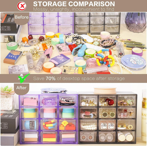 Desk Storage Organizer with 12 Mini Drawers, Clear Desktop Craft Drawer Cabinet, Stackable Storage Box Caddy for Makeup Jewelry Office Craft Suppl...