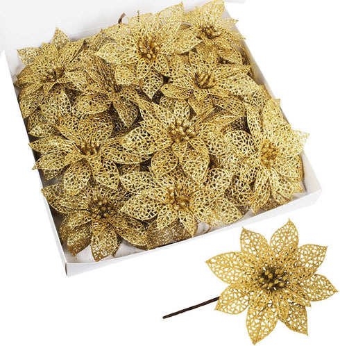 Supla 24 Pack Christmas Gold Glitter Poinsettia Flowers Picks Christmas Tree Ornaments 5.9" Wide for Gold Christmas Tree Wreaths Garland Holiday S...