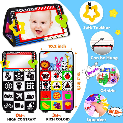 Tummy Time Mirror Baby Toys 3-6 Months Infant Newborn Toys 0-3 Months Brain Development Montessori Sensory Crinkle Toys Teether Black and White Hi...