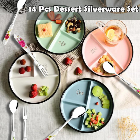 14 Pcs Dessert Forks and Spoons Silverware Set,Stainless Steel Cutlery Forks,Mini Coffee Spoons Pastry Forks with Porcelain Handles,Cake Forks Tea...