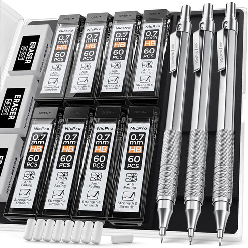 Nicpro 0.7 Metal Mechanical Pencil Set with Case, 3PCS MP1000 0.7mm Artist Lead Pencil With 8 Tube HB Refills, 3 Erasers, 9 Eraser Refill For Arch...