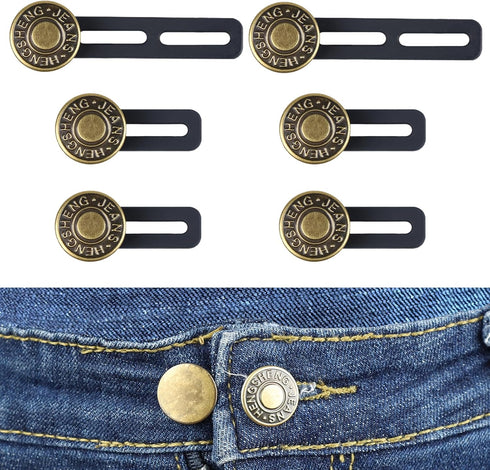 6PCS Extender Button for Jeans Pants, Silicone Pants Waist Extender Button No Sew Metal Adjustment Pants Waist Extension for Trousers Collars, Cuf...