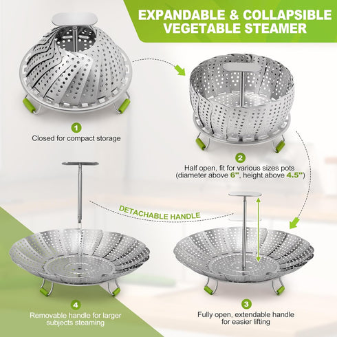 Steamer Basket, 3rd Generation Stainless Steel Vegetable Steamer with Extendable Handle for Cooking Food, Folding & Expandable Veggie Steamer Inse...