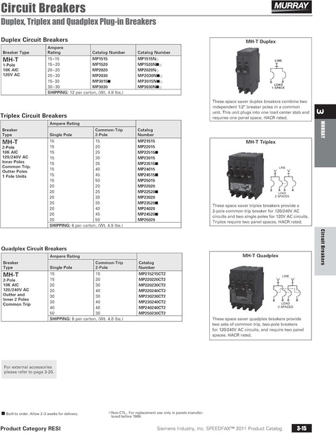 Murray MP1520 One 15-Amp and One 20-Amp Single Pole 120V Circuit Breaker...