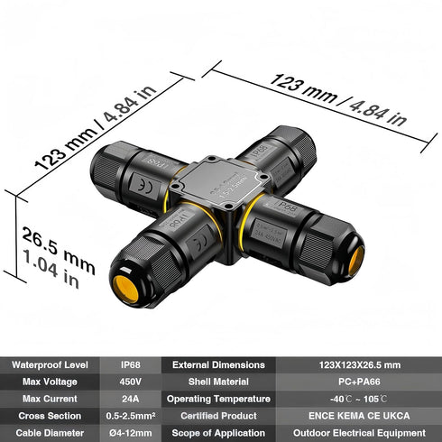 IP68 Waterproof Cable Connector Outdoor, 4 Way Waterproof Junction Box Outdoor Cable Connector, 3 Pins wires Screwless,Extension Electrical Cable ...