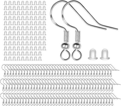 925 Sterling Silver Earring Hooks 120 PCS/60 Pairs, Ear Wires Fish Hooks, Hypo-allergenic Jewelry Findings Parts with 120 PCS Clear Silicone Earri...