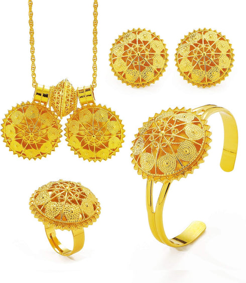 Ethlyn 4Pcs 18K Gold Plated Ethiopian Jewelry Sets Necklace Eritrean/Habesha Bride Wedding Gifts...