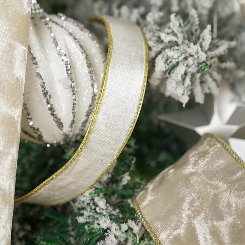 MEEDEE Skinny White Velvet Ribbon with Gold Back Double Sided Christmas Wired Ribbon 1 Inch Velvet Wired Ribbon 25 Yards White Crushed Velvet Ribb...