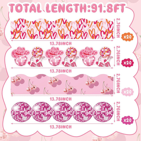 80 Pcs 91.8 ft Pink Disco Classroom Bulletin Board Borders Cowboy Disco Bulletin Board Trim Self Adhesive Scalloped Borders Decorations Stickers f...