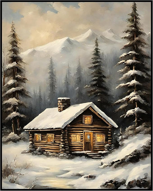 Posterizer 1 pcs-old farm house in snowy winter nature-in oil painting style-17-Landscape & Nature Art-Living Room Bedroom Decor- unframed wall ar...