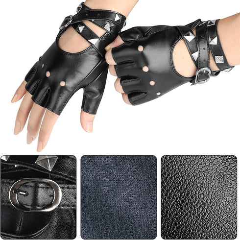 Accmor Leather Punk Gloves Fingerless Gloves for Women Driving Cycling Sports Cosplay Performance Half Finger Gloves for Women Teens Kids...