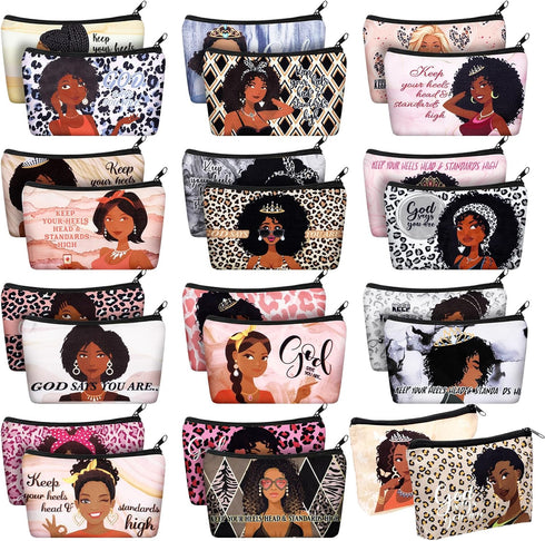 24 Pcs Black Woman Makeup Bag Christmas Gift Black Girl Toiletry Bag African American Canvas Makeup Bags Zipper Cosmetic Pouch Reusable Multi Purp...
