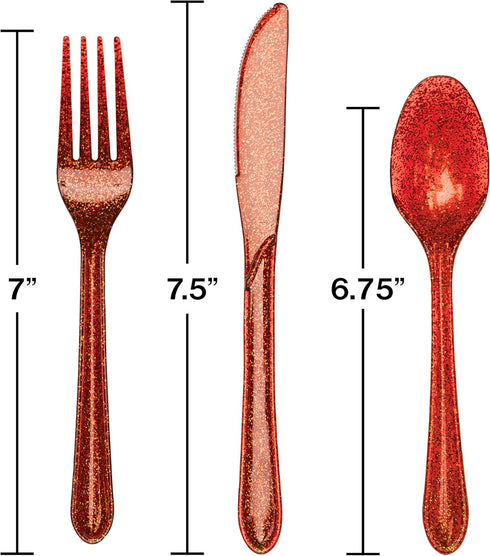 24-Piece Glitz Premium Plastic Cutlery Assortment, Red Glitter...
