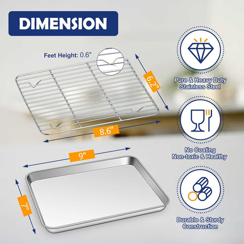 Joyfair Toaster Oven Baking Pan with Rack, 9”x 7” Stainless Steel Small Baking Tray and Cooling Rack Set, Great for Cookies/Bacon/Steaks, Non Stic...