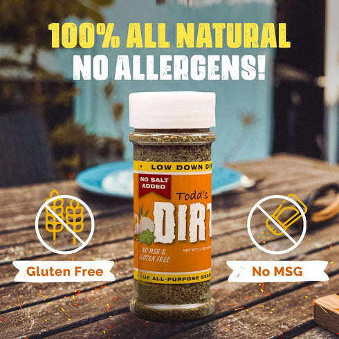 Todd’s DIRT - Low Down DIRT Small Bottle 1.7 oz, NO SALT Gourmet All Purpose Seasoning, Mild Savory Seasoning that’s GREAT ON EVERYTHING,100% All ...