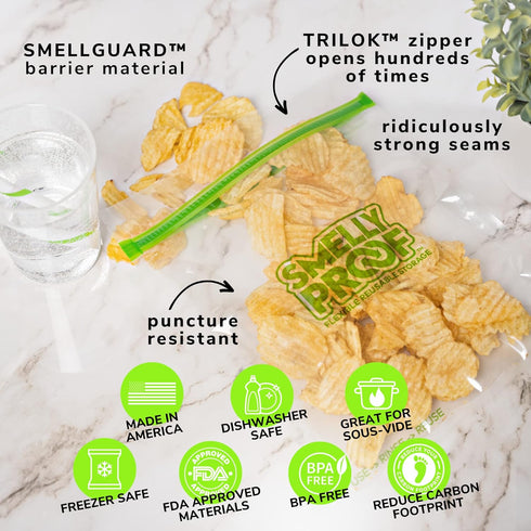 Smelly Proof Reusable Food Storage Bags Designed & MFG, USA MADE, Dishwasher-Safe, Easy-To-Clean, BPA FREE, NO PEVA, Clear FLAT Large 3-mil Thick,...