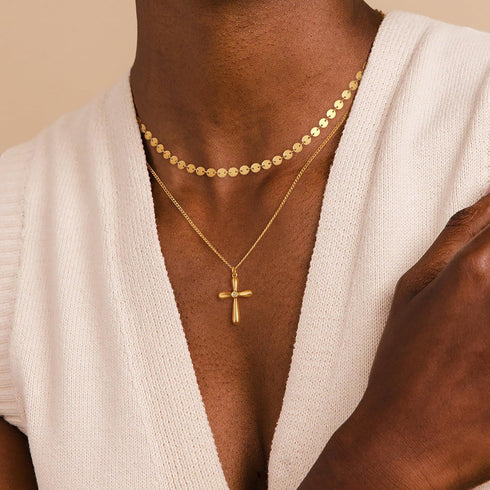 Dremmy Studios Dainty Gold Choker Necklace for Women 14K Gold Plated Coin Disc Figaro Layered Beaded Flat Mariner Sideways Cross Wishbone Link Cla...