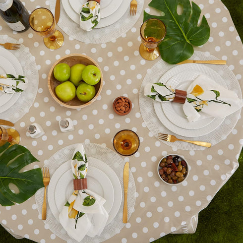 DII Vinyl Tabletop Collection Flannel Backed Polka Dot Tablecloth, 70" Round, Natural...